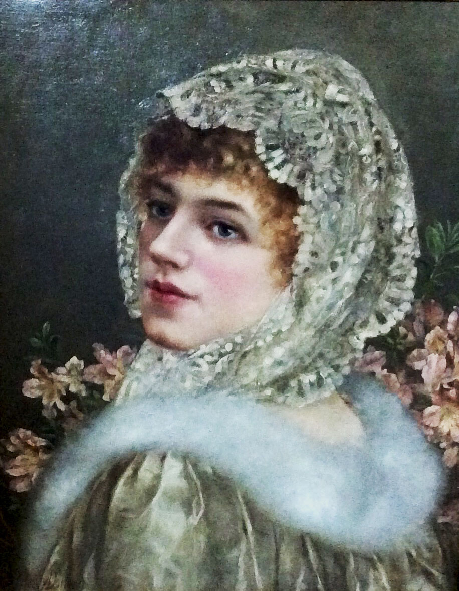 WILLIAM ANSTEY DOLLAND, 1858 - 1929, OIL ON CANVAS Portrait of a lady wearing a lace head scarf