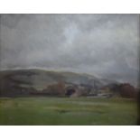 ELLEN HEATH, A 20TH CENTURY OIL ON BOARD Landscape, grey skies over a field, signed lower right