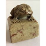 A LARGE CHINESE SOAPSTONE DESK SEAL Finely carved with a crouching toad on a square form base,
