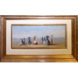 OIL ON BOARD, LANDSCAPE Victorian style ladies on a Continental beach, framed and glazed. (approx