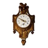A 19TH CENTURY GILT BRONZE CARTEL CLOCK Of small proportions, having an enamel convex dial with