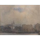 SIR GEORGE CLAUSEN, R.A., 1852 - 1944, WATERCOLOUR View of London from the Thames, signed lower