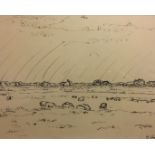 HAROLD GILMAN, 1876 - 1919, PEN AND INK Landscape, sheep grazing in a field, signed lower right,