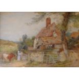 VIOLET BROOKES, AN EARLY 20TH CENTURY WATERCOLOUR Landscape, country cottage with cattle, signed