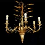 A 20TH CENTURY GILT METAL SIX BRANCH CHANDELIER With wheat and scroll decoration, together with