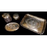 A COLLECTION OF EDWARDIAN SILVER TRINKET ITEMS Comprising a square trinket tray, an oval tray and