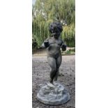 A 19TH CENTURY LEAD STATUE OF A YOUNG NUDE GIRL On a rocky base. (61cm)