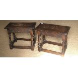 A PAIR OF JACOBEAN DESIGN OAK COFFIN STOOLS With carved friezes, raised on turned legs joined by