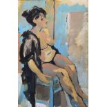 PATSY CYRIAX, B. 1919, A 20TH CENTURY OIL ON BOARD Titled 'Seated Woman', study of a semi-clad