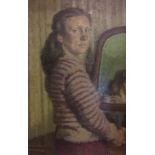 ROBERT BUHLER, 1916 - 1989, OIL ON BOARD Portrait, 'Woman In The Striped Jumper', signed lower left,