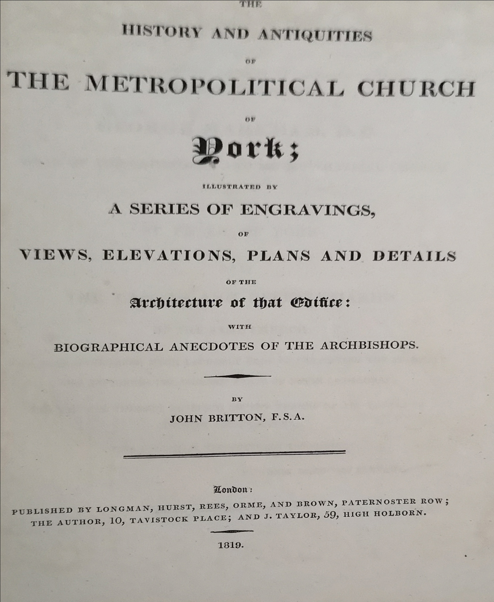 J. BRITTON, 'THE HISTORICAL AND ANTIQUITIES OF METHODICAL CHURCH OF YOUTH', 1819, FOLIO.