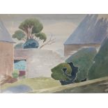 A 20TH CENTURY WATERCOLOUR Continental landscape, view of stone barns with trees, indistinctly