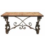 A 20TH CENTURY MOSAIC AND WROUGHT IRON CONSOLE TABLE The rectangular top raised on a scrolling base,