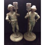 A VICTORIAN PAIR OF SPELTER FIGURES WITH GILT HIGHLIGHTS Medieval style characters holding