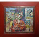 A 20TH CENTURY IMPRESSIONIST STYLE WATERCOLOUR Interior view, table and chairs near a window, held