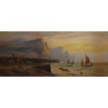 A 19TH CENTURY WATERCOLOUR Harbour scene, fishing boats near mountains, indistinctly lower right,