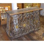 A 20TH CENTURY FRENCH WROUGHT IRON CONSOLE TABLE Having a distressed painted top over scroll motifs,