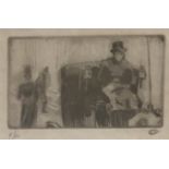 LUCIEN PISSARRO, 1863 - 1944, ETCHING WITH AQUATINT Titled 'The Cab', mounted, framed and glazed. (