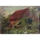 'THE RED COTTAGE', A 20TH CENTURY OIL ON PANEL View from the front of a cottage, painted verso