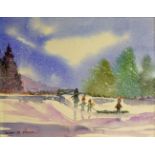 SUSAN M. ATKINSON, A CONTEMPORARY WATERCOLOUR Winter landscape, children sledging, held in a cushion