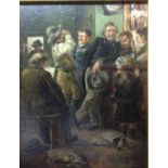 A 19TH CENTURY AMERICAN OIL ON BOARD Interior tavern scene, figures and dogs in a bar,