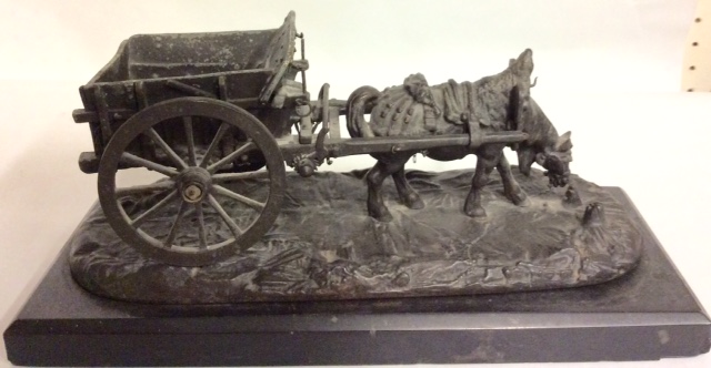 A PAIR OF 19TH CENTURY CONTINENTAL SPELTER HORSE AND CARTS One horse rearing and one grazing, raised - Image 2 of 2
