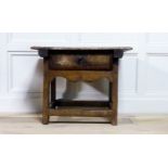 A 17TH CENTURY AND LATER OAK SIDE TABLE Having a single drawer, raised on stile legs. (approx 65cm x