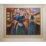 AN ART DECO STYLE OIL ON CANVAS Spanish scene, Basque fruit pickers, framed and glazed (approx