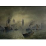 'TOWER BRIDGE ON A MISTY DAY', WATERCOLOUR With ships in foreground, signed with initials 'W.W.',