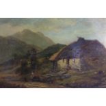 A 19TH CENTURY OIL ON CANVAS Landscape, figures by a stone hut, framed, monogrammed lower left 'J de