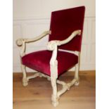 A 20TH CENTURY GEORGIAN STYLE OPEN ARM THRONE CHAIR Having scrolled arms carved with acanthus