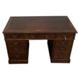 A VICTORIAN MAHOGANY TWIN PEDESTAL DESK With faux leather writing surface above an arrangement of