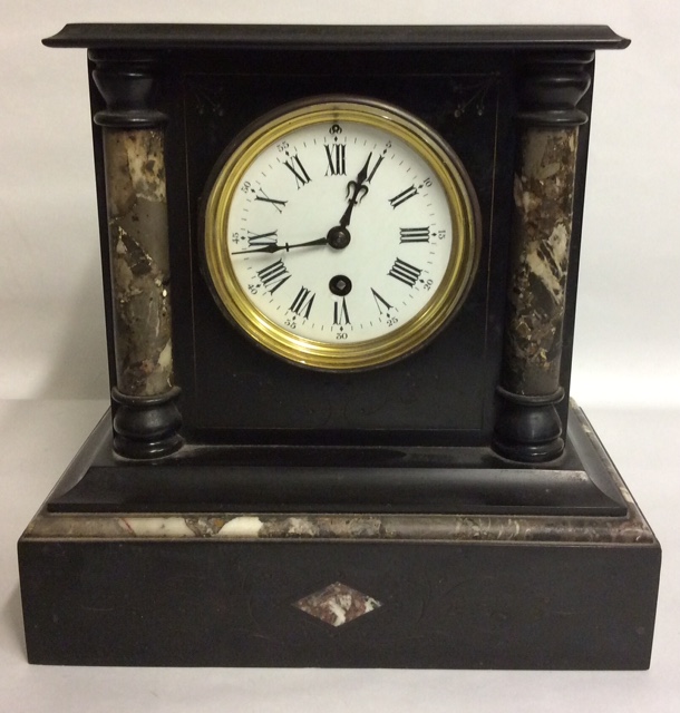A 19TH CENTURY BLACK SLATE AND MARBLE ARCHITECTURAL FORM MANTLE CLOCK With variegated marble