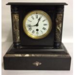 A 19TH CENTURY BLACK SLATE AND MARBLE ARCHITECTURAL FORM MANTLE CLOCK With variegated marble