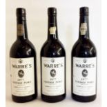 WARRE'S, THREE BOTTLES OF 1977 VINTAGE PORT Black cap with white, label imported by Hedges &