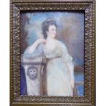 AFTER GEORGE ROMNEY, A 19TH CENTURY SQUARE IVORY PORTRAIT MINIATURE Miss Francis Woodley/Wardley,