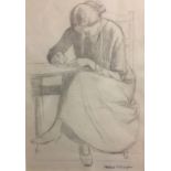 HUBERT LINDSAY WELLINGTON, 1879 - 1967, PENCIL STUDY 'The Artist's Wife Sewing', signed lower right,