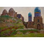 TJUHA IVAN A., 1920 - 2000, OIL ON BOARD Landscape, Synagogue, framed. (approx 69cm x 47cm)