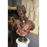 A PAIR OF 19TH CENTURY LIFE SIZE HEAD AND SHOULDERS BRONZED PLASTER BUST OF CLASSICAL FIGURES. (h