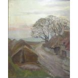 ELLEN HEATH, A 20TH CENTURY OIL ON BOARD Landscape, country lane with house, signed lower right