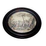 A 19TH CENTURY OVAL HAND COLOURED ENGRAVING Titled 'Pic-Nic-Ing on Richmond Hill', marked 'P. Egan