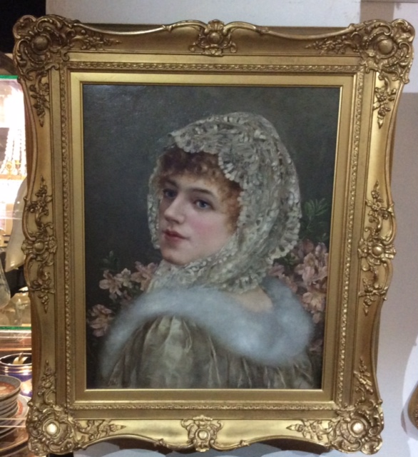 WILLIAM ANSTEY DOLLAND, 1858 - 1929, OIL ON CANVAS Portrait of a lady wearing a lace head scarf - Image 2 of 4