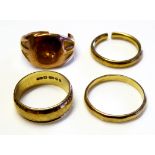 TWO VINTAGE 9CT GOLD WEDDING BANDS One having engraved decoration to edges, together with two 9ct