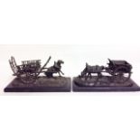 A PAIR OF 19TH CENTURY CONTINENTAL SPELTER HORSE AND CARTS One horse rearing and one grazing, raised