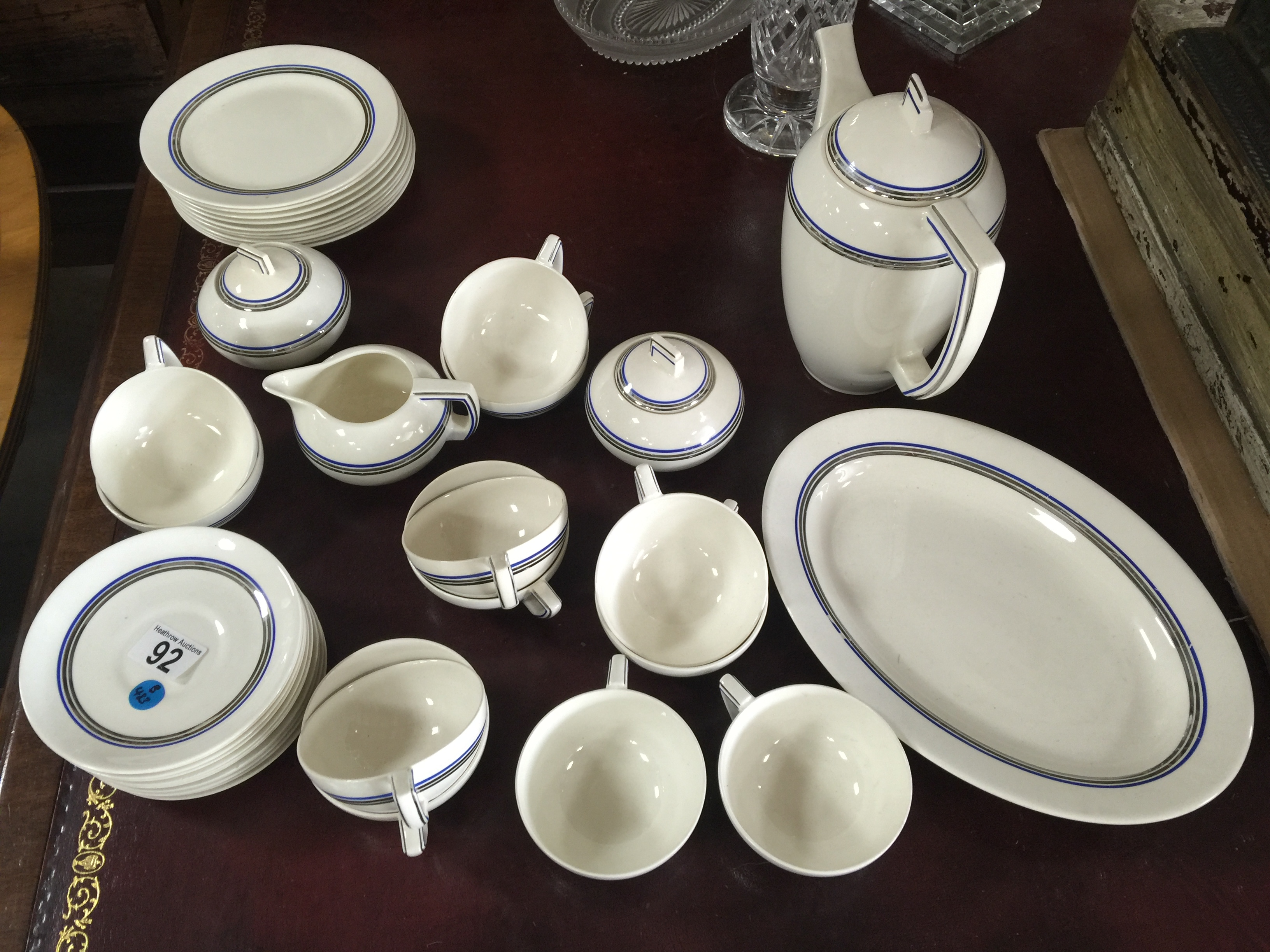 39 PIECE BLUE SILVER AND WHITE TEA SERVICE STAMPED PETRIS REGOUT AND CO