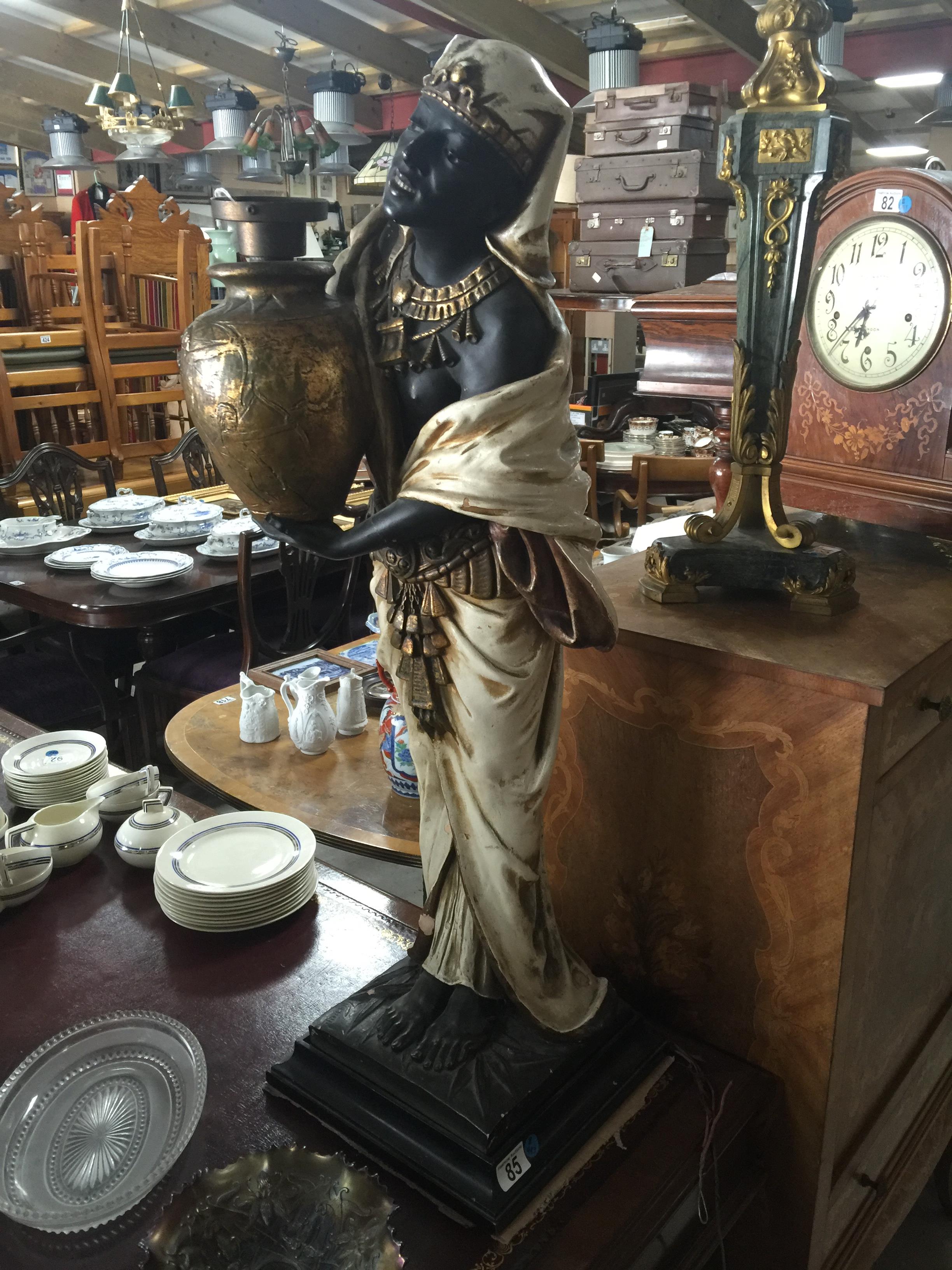 19TH CENTURY CONTINENTAL TERRACOTTA BLACK MOOR FIGURAL LAMP, WEARING A WHITE FLOWING ROBE AND HOLD