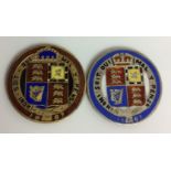 TWO VICTORIAN ENAMELLED SILVER SHILLING COINS Sheild backs and enamelled in red, blue and yellow,