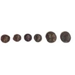 A COLLECTION OF SIX ROMAN SILVER AND BRONZE COINS To include a Trojan 98 -117 AD Denarius Victory,