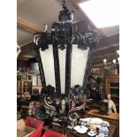 ANTIQUE ROCCOCO STYLE LANTERN WROUGHT IRON WITH OPAQUE GLASS PANELS GOOD CONDITION, 1 PANE MISSING H