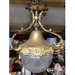 ANTIQUE GUILT BRASS AND BRONZE HANGING LIGHT WITH CUT GLASS BOWL, FRENCH CIRCA 1920'S H X 40 W X